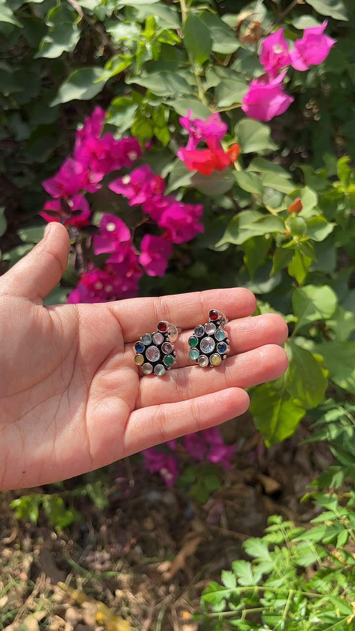 Multicolor gemstone cluster stud earrings in antique silver tone