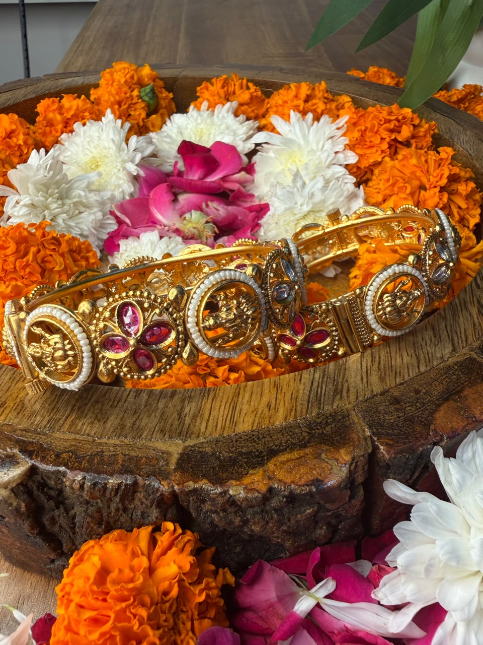 Royal Pearl & Ruby Gold-Tone Designer Bangle