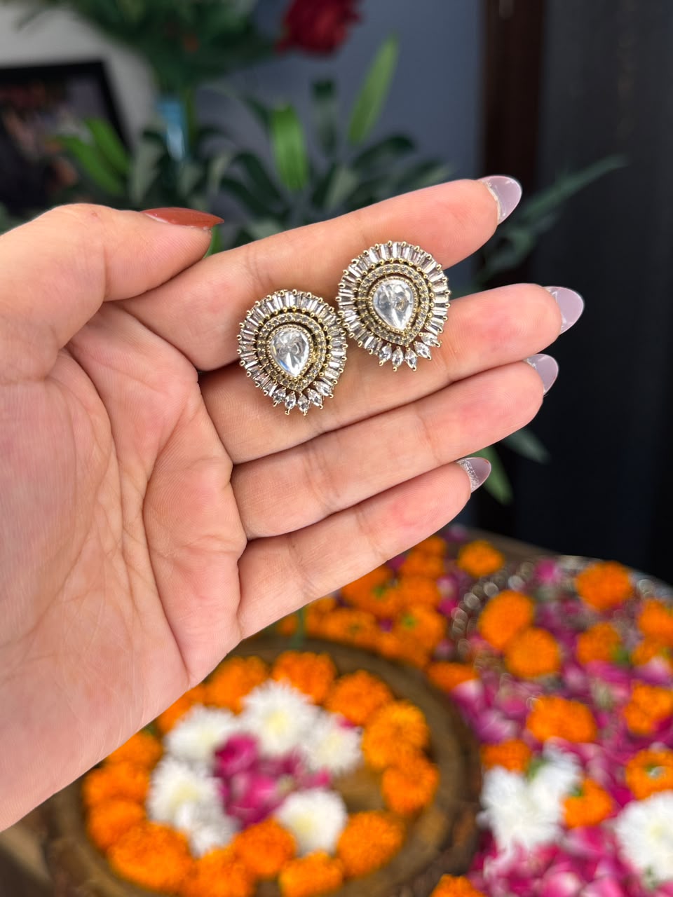 Clear crystal teardrop halo stud earrings