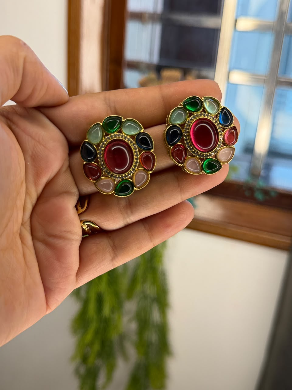 Gold tone multicolor oval gemstone statement stud earrings