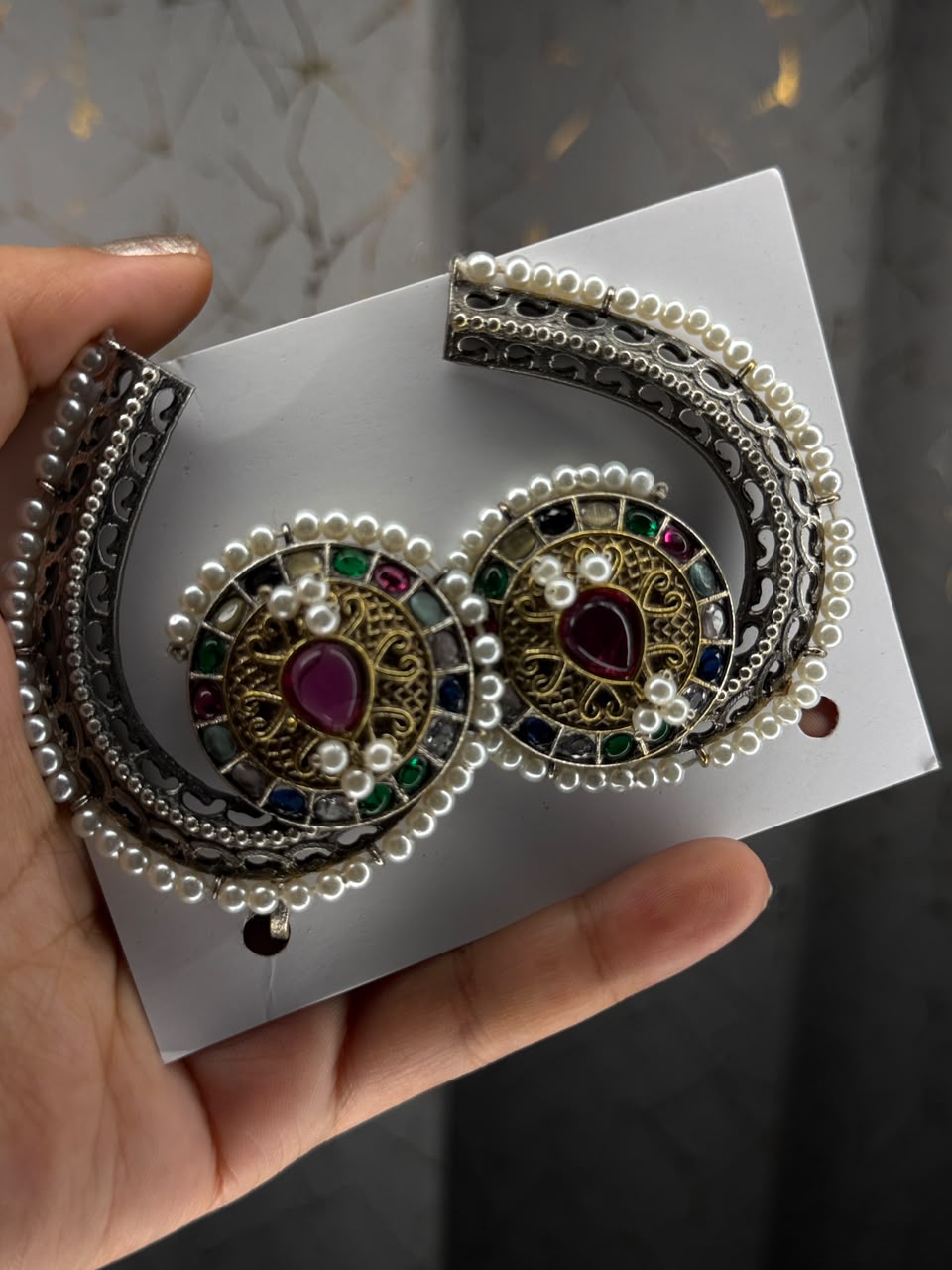 Oxidized silver tone crescent earrings with pearl and multicolor accents