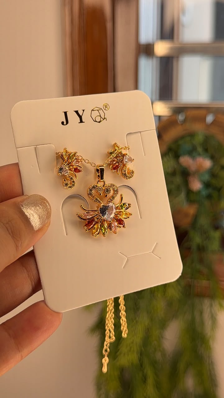 Gold multicolor peacock pendant and matching earrings set