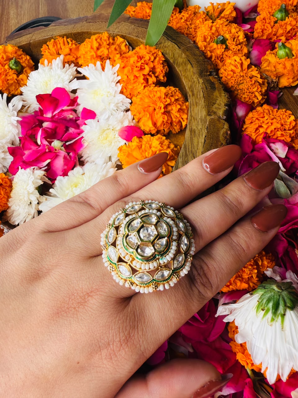 Round polki kundan cocktail ring with pearl border