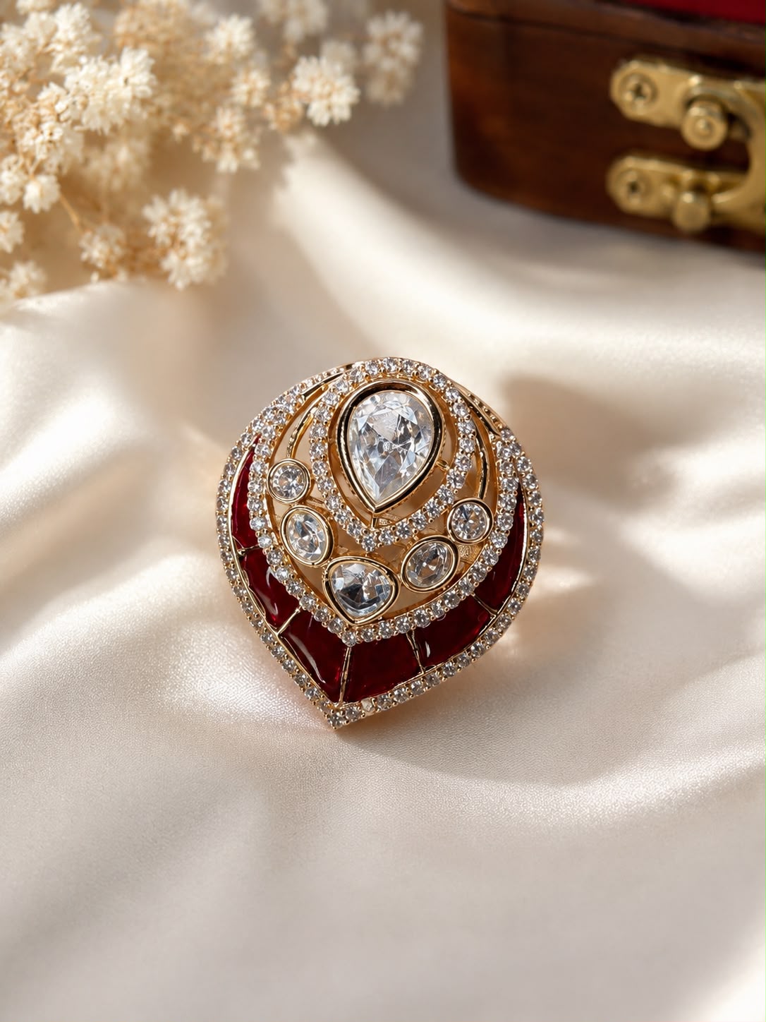 Royal ruby red and crystal kundan statement ring