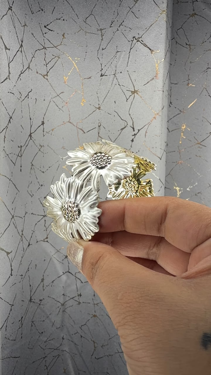 Silver tone daisy floral statement cuff bracelet