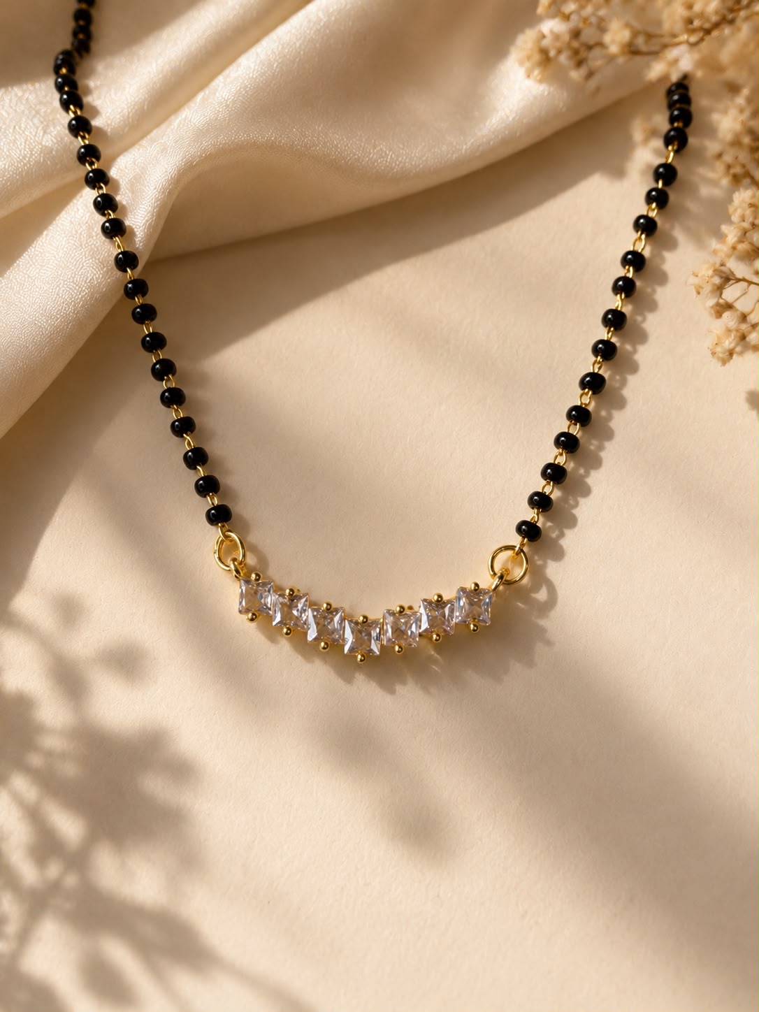 Black bead mangalsutra necklace with clear square crystal bar pendant